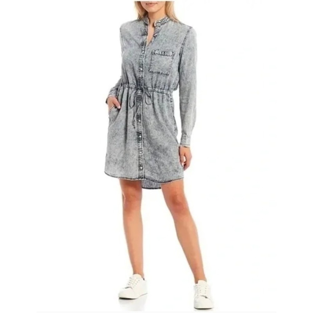 Anthropologie Cloth & Stone Chambray Denim Shirt Dress‎ S Acid Wash Long Sleeve